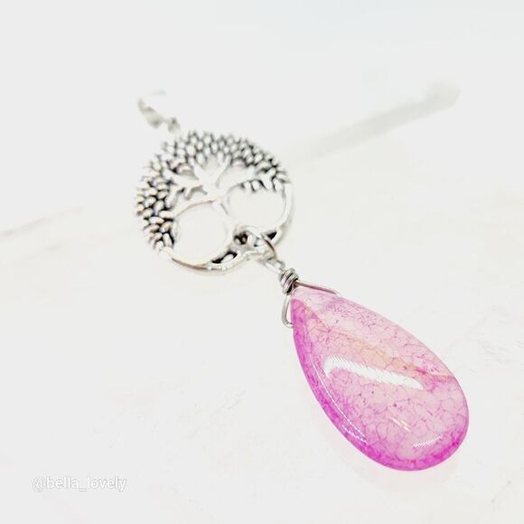 Peach Dragon Veins Agate Teardrop Tree Of Life Handmade Pendant 2.72" - Picture 7 of 8